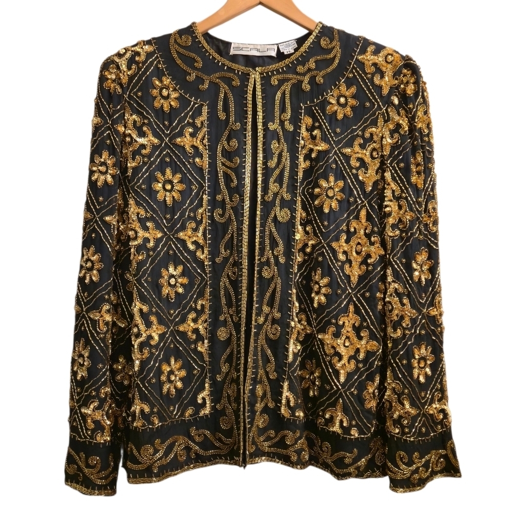 Vintage SCALA Black and Gold Sequin And Beads Embroidered Blazer Size PL